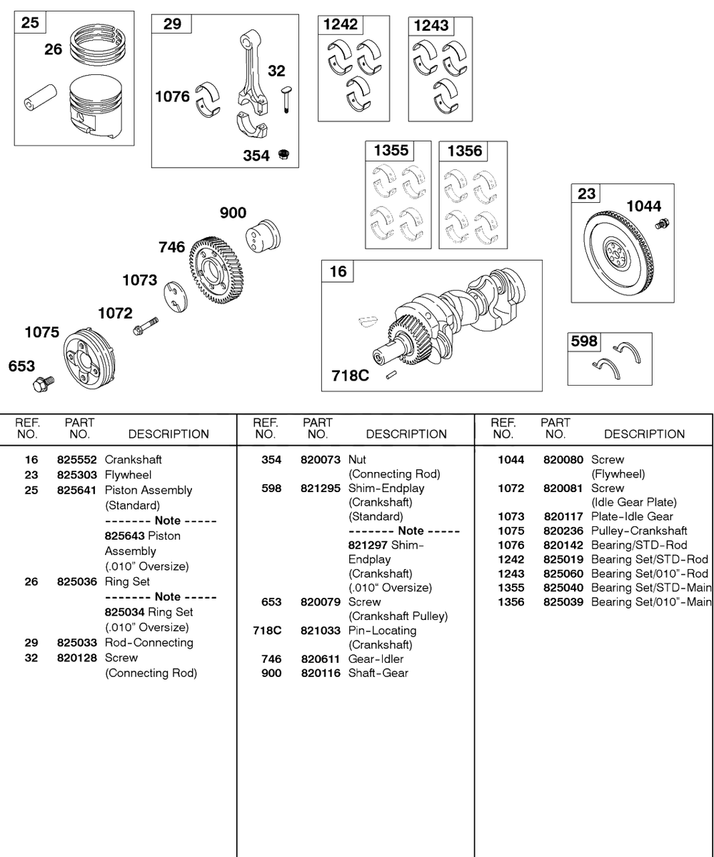Piston, Rings, Connecting Rod, Crankshaft, Flywheel Diagram and Parts List for 589447-0334-XX  Briggs and Stratton Engine